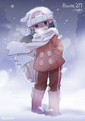 1girl bag beanie black_eyes black_hair boots buttons coat commentary covered_mouth dawn_(pokemon) duffel_bag earmuffs english_text floating_scarf full_body hair_ornament hands_in_pockets hat highres in-universe_location large_buttons leaning_to_the_side long_hair looking_at_viewer nintendo outdoors pants pink_boots poke_ball_print pokemon pokemon_dppt pokemon_platinum print_headwear rascal_(feuille) red_coat red_pants scarf scarf_over_mouth snow snow_on_head snow_on_headwear snowing solo standing white_bag white_hat white_scarf wind winter winter_clothes winter_coat