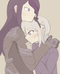 2girls aspersumcornu blush breasts closed_mouth eva_(hundred_line) female_focus hair_between_eyes huge_breasts jacket kirifuji_nozomi long_sleeves mole mole_under_eye multicolored_hair multiple_girls purple_eyes purple_hair purple_jacket smile the_hundred_line_-last_defense_academy- yellow_background