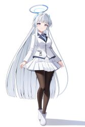 1girl absurdres blue_archive brown_pantyhose closed_mouth commentary full_body grey_hair halo highres jacket long_hair looking_at_viewer mechanical_halo noa_(blue_archive) pantyhose pleated_skirt purple_eyes shoes simple_background skirt smile sob_(submar1089) solo very_long_hair white_background white_halo white_jacket white_shoes white_skirt