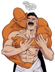 2boys abs alien allen_(invincible) bara bare_pectorals biceps black_hair bonjourdraws closed_mouth colored_skin commentary english_commentary english_text facial_hair hand_on_another&#039;s_crotch highres invincible_(series) looking_at_another male_focus multicolored_hair multiple_boys muscular muscular_male mustache navel nipples omni-man open_mouth orange_skin pectorals pointy_ears speech_bubble sweatdrop topless_male towel towel_around_waist veins veiny_arms white_background white_hair yaoi