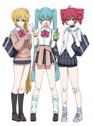 &gt;_&lt; 3girls :&lt; :3 :d absurdres ahoge akita_neru antenna_hair aqua_hair aqua_nails bag bag_charm bandaged_leg bandages bandaid bandaid_on_knee bandaid_on_leg bare_legs bike_shorts bike_shorts_under_skirt black_choker black_skirt blonde_hair blush_stickers bow bowtie brown_shoes bubble_tea cardigan cellphone channel_(caststation) charm_(object) choker closed_eyes clothes_around_waist collared_shirt commentary cup disposable_cup drill_hair drink drinking_straw duplicate fang frown full_body gyaru half-closed_eyes handbag hatsune_miku highres holding holding_bag holding_cup holding_drink holding_phone jacket kasane_teto kneehighs kogal legs_apart loafers long_hair looking_at_viewer loose_socks miniskirt multiple_girls nail_polish open_mouth phone pixel-perfect_duplicate pleated_skirt red_bow red_bowtie red_eyes red_hair school_bag school_uniform scrunchie shirt shoes short_hair short_sleeves shorts shoulder_bag simple_background skirt smartphone smile socks spring_onion standing sweater sweater_around_waist triple_baka_(vocaloid) triple_ryuunen twin_drills twintails utau v very_long_hair vocaloid white_background white_socks yellow_eyes yellow_scrunchie