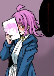 1girl absurdres ahoge blue_jacket chokkakudo collared_shirt commentary cowboy_shot drawing_(object) dress_shirt glaring gradient_background highres holding holding_drawing holding_sketchbook hood hooded_jacket jacket kishimen_hair long_sleeves looking_at_viewer love_live! love_live!_nijigasaki_high_school_idol_club medium_hair neck_ribbon nijigasaki_school_uniform open_clothes open_jacket pink_background pink_hair plaid_clothes plaid_skirt pleated_skirt ribbon rina-chan_board school_uniform shaded_face shirt simple_background sketchbook skirt solo speech_bubble tennoji_rina translation_request white_shirt white_skirt winter_uniform yellow_eyes yellow_ribbon