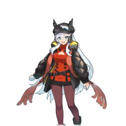 1girl black_hat blue_eyes breasts bright_pupils cleavage cleavage_cutout clothing_cutout dragalia_lost earmuffs gloves goggles goggles_on_headwear hat ilia_(dragalia_lost) ilia_(dragonyule)_(dragalia_lost) large_breasts long_hair looking_at_viewer official_art open_mouth pantyhose red_pantyhose saitou_naoki short_shorts shorts smile solo sweater third-party_source turtleneck turtleneck_sweater white_gloves white_hair white_pupils