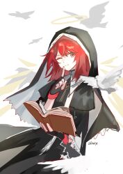 1girl ;) absurdres angel arknights artist_name bird black_dress black_gloves black_veil book chinese_commentary commentary_request detached_wings dove dress exusiai_(arknights) exusiai_the_new_covenant_(arknights) finger_to_mouth fingerless_gloves gloves halo highres holding holding_book looking_at_viewer one_eye_closed open_book orange_eyes red_hair shirix short_hair simple_background smile solo veil white_background wings