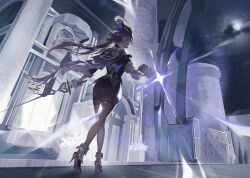 1girl absolution_(genshin_impact) absurdres aiming aiming_at_viewer antique_firearm black_corset black_pantyhose blue_cape blue_hair building cape clorinde_(genshin_impact) cloud commentary corset epaulettes firearm fold-over_gloves from_behind from_below genshin_impact gloves gun hair_between_eyes hair_lift hat hat_feather high_heels highres holding holding_gun holding_sword holding_weapon long_hair long_hair_between_eyes looking_to_the_side low-tied_long_hair night night_sky outdoors pantyhose pencil_skirt shiisayo shirt skirt sky solo star_(sky) starry_sky sword taut_clothes taut_shirt tricorne walking weapon white_gloves