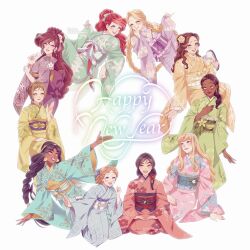 6+girls aladdin_(movie) animification ariel_(disney) aurora_(disney) beauty_and_the_beast_(disney) belle_(disney) black_hair blonde_hair brown_hair disney_princess dress fa_mulan_(disney) green_eyes happy_new_year hercules_(1997_movie) highres jane_porter japanese_clothes jasmine_(disney) kimono long_hair looking_at_viewer megara_(disney) mizala mulan_(movie) multiple_girls new_year rapunzel_(disney) short_hair sleeping_beauty_(disney) smile tangled tarzan_(disney_movie) the_little_mermaid_(disney) the_princess_and_the_frog tiana_(the_princess_and_the_frog) very_long_hair walt_disney&#039;s_peter_pan wendy_darling