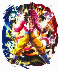 Rule 34 | black hair, body fur, dragon ball, dragon ball daima, dragon ball gt, golden oozaru, highres, long hair, male focus, monkey boy, monkey tail, multiple persona, muscular, muscular male, nickelespektro, oozaru, open mouth, pants, pectorals, red fur, saiyan, smile, son goku, spiked hair, super saiyan, super saiyan 4, tail, teeth, yellow pants