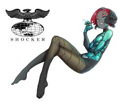 1girl arthropod_girl black_hair bodysuit bug colored_skin commentary eidenjyou1997 english_commentary fly genderswap genderswap_(mtf) grey_skin hae_otoko highres insect insect_wings iridescent kamen_rider kamen_rider_(1st_series) logo monster_girl multicolored_hair red_hair shocker_(kamen_rider) simple_background smug solo teeth white_background wings