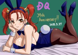 1girl animal_ears bare_shoulders blue_bow blue_bowtie blue_leotard bow bowtie breasts brown_eyes cleavage dated detached_collar dragon_quest dragon_quest_viii earrings fake_animal_ears fake_tail high_heels highres jessica_albert jewelry large_breasts leotard looking_at_viewer orange_hair pantyhose playboy_bunny rabbit_ears rabbit_tail smile strapless strapless_leotard tail twintails wrist_cuffs yuuyuu_(3jjbn)