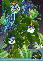 1boy 2girls demon_boy demon_horns evil_grin evil_smile extra_eyes glam_(helluva_boss) glitz_(helluva_boss) green_eyes grin helluva_boss highres horns jester looking_at_viewer mammon_(helluva_boss) metalhivesystem multiple_girls sharp_teeth siblings sisters smile teeth