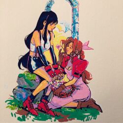 2girls aerith_gainsborough bare_shoulders basket black_gloves black_hair black_skirt boots braid braided_ponytail breasts brown_boots brown_eyes brown_gloves brown_hair cleavage closed_eyes crop_top cropped_jacket dress elbow_gloves final_fantasy final_fantasy_vii fingerless_gloves flower flower_basket gloves hair_ribbon holding holding_basket holding_flower jacket kneeling leslie_hung long_dress long_hair looking_at_another low-tied_long_hair medium_breasts midriff miniskirt multiple_girls parted_bangs parted_lips pink_dress pink_ribbon puffy_short_sleeves puffy_sleeves red_boots red_gloves red_jacket ribbon shirt short_sleeves sidelocks single_braid sitting skirt sleeveless sleeveless_shirt smile suspenders tifa_lockhart traditional_media white_shirt yuri