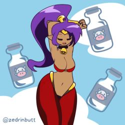 1girl animal_ears animated animated_gif areola_slip armpits arms_up artist_name blue_background bottle bouncing_breasts breast_expansion breasts closed_eyes cowbell cowboy_shot dancer dancing dark-skinned_female dark_skin high_ponytail horns huge_breasts large_breasts long_hair milk_bottle navel o-ring o-ring_top open_mouth pointy_ears ponytail purple_hair red_legwear shantae shantae_(series) smile solo standing tail tiara transformation white_background zedrin