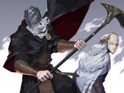 Rule 34 | 2boys, beard, cloak, elden ring: shadow of the erdtree, facial hair, helmet, highres, holding, holding scythe, hood, jiro (ninetysix), mask, multiple boys, scythe, sir ansbach, standing, thiollier (elden ring), white hair