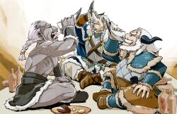 3boys armor beard black_horns boots bottle braid braided_ponytail brown_boots colored_skin drinking drinking_horn earrings facial_hair food grensen_the_honorless grey_hair grey_skin horns jewelry long_sleeves male_focus multiple_boys muscular muscular_male mustache old old_man pixiv_fantasia pixiv_fantasia_last_saga ponytail sitting sou-_-you thick_eyebrows white_hair yar_(pixiv_fantasia_last_saga)