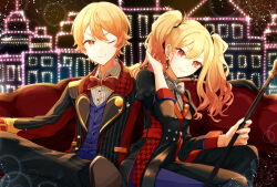 Rule 34 | 1boy, 1girl, blonde hair, brother and sister, color connection, commentary, couch, highres, ktori, little bravers! (project sekai), long hair, looking at viewer, matching outfits, multicolored hair, on couch, one eye closed, orange eyes, outfit connection, pink eyes, pink hair, project sekai, short hair, siblings, tenma saki, tenma tsukasa, twintails, wavy hair, zenryoku! wonder halloween! (project sekai)