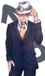 1boy alternate_costume baiyishaonian_huam fedora formal_clothes hat higashikata_josuke_(jojolion) jojo_no_kimyou_na_bouken jojolion male_focus necktie solo suit trilby