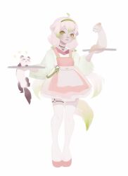 1girl 2others ahoge alternate_costume animal animal_ears apron belt dress ferret ferret_ears ferret_girl ferret_tail gradient_hair gradient_tail green_eyes green_hair green_sweater green_tail high_heels highres holding holding_plate indie_virtual_youtuber laimu_(vtuber) long_hair multicolored_hair multicolored_tail multiple_others o-ring o-ring_thigh_strap pink_dress plate pwige0n sweater tail thigh_strap thighhighs twintails two-tone_hair two-tone_tail uwu vinesauce virtual_youtuber waitress white_hair white_tail