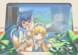 2girls absurdres animal_ear_fluff animal_ears arknights blonde_hair blue_hair blue_hairband blue_skirt cardigan cat cat_ears closed_mouth crossover dated fox_ears fox_girl fox_tail frilled_hairband frills green_eyes hairband highres kitsune kyuubi long_hair long_sleeves multicolored_hair multiple_girls multiple_tails neck_ribbon official_alternate_costume open_cardigan open_clothes open_mouth plant puffy_long_sleeves puffy_sleeves red_ribbon ribbon rosmontis_(arknights) shirt sisquare skirt smile suzuran_(arknights) tail two-tone_hair white_hair white_shirt
