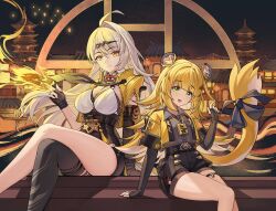 2girls absurdres ahoge animal_ears black_gloves black_thighhighs blonde_hair breasts crossed_legs fingerless_gloves gloves green_eyes hair_ornament high-waist_shorts highres jacket ju_fufu long_hair looking_at_viewer multiple_girls shorts sitting smile tail thigh_strap thighhighs tiger_ears tiger_girl tiger_tail tutuxia white_hair yellow_eyes yellow_jacket yixuan_(zenless_zone_zero) zenless_zone_zero