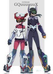 2girls amate_yuzuriha armor artist_name bodysuit breasts closed_mouth commentary_request copyright_name funnels_(gundam) gfred gquuuuuux gundam gundam_gquuuuuux headgear highres long_hair mecha mecha_musume mecha_pilot_suit multicolored_bodysuit multiple_girls normal_suit_(gundam) nyaan_(gundam_gquuuuuux) open_mouth red_hair robot science_fiction short_hair twitter_username zeon