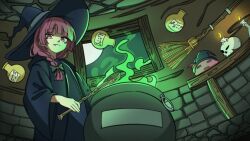 1girl absurdres alternate_costume black_hat bocchi_the_rock! braid broom candle cauldron closed_mouth fang fang_out fire from_below ghuler gotoh_hitori gotoh_hitori_(octopus) green_fire hat highres hiroi_kikuri holding indoors long_hair looking_down night no_pupils purple_eyes purple_hair robe shelf skull split_mouth spoon stone_wall window witch witch_hat wooden_spoon