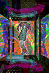 1girl 2000s_(style) abstract abstract_background absurdres black_shirt brown_pants distortion faux_retro_artstyle full_body glowing highres kitoral original outline pants psychedelic reflection scarf shirt shoes sidelocks surreal sweater twintails