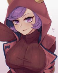 1girl breasts closed_mouth courtney_(pokemon) dress fake_horns gloves highres hood hood_up hooded_vest hoodie horned_headwear horned_hood horns large_breasts long_sleeves looking_at_viewer nintendo pokemon pokemon_oras purple_eyes purple_hair red_hood ribbed_dress ribbed_sweater short_hair smile solo sweater sweater_dress symoca team_magma team_magma_uniform upper_body vest