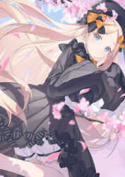 1girl abigail_williams_(fate) absurdres black_dress blonde_hair bloomers blue_eyes blue_sky blush bow cherry_blossoms dress fate/grand_order fate_(series) floating_hair hair_bow hat highres long_hair miyu10366 multiple_hair_bows petals sky sleeves_past_fingers sleeves_past_wrists smile solo underwear