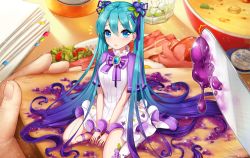 1girl ango ankkoyom aqua_hair bad_id bad_pixiv_id blue_eyes blue_hair blueberry_hair_ornament bracelet bread_slice butter_knife earrings food food-themed_hair_ornament frown gradient_hair hair_ornament hairclip hatsune_miku high_heels highres in_food jam jewelry long_hair looking_at_viewer mini_person minigirl multicolored_hair out_of_frame pov pov_hands sitting solo_focus toast twintails very_long_hair vocaloid