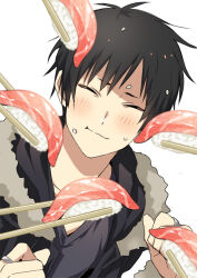 Rule 34 | 1boy, black hair, blush, chopsticks, clairon, closed eyes, commentary request, durarara!!, eating, food, food on face, fur-trimmed hood, fur trim, happy, hood, jacket, looking at viewer, male focus, orihara izaya, portrait, pov, rice, rice on face, salmon, sexually suggestive, shirt, short hair, smile, solo, sushi, white background