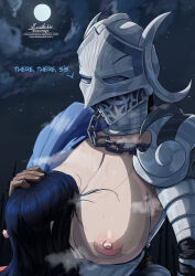 2girls absurdres armor between_breasts black_hair breasts breasts_out doktor_malefic elden_ring elden_ring:_shadow_of_the_erdtree english_text face_between_breasts full_armor full_moon hand_on_another&#039;s_head head_between_breasts helmet highres huge_breasts incest knight moon multiple_girls night nipples rellana_twin_moon_knight rennala_queen_of_the_full_moon sash siblings sisters steaming_body sweat upper_body very_sweaty yuri