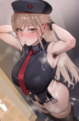 1girl absurdres armpit_hair arms_up beret black_gloves black_hat black_panties black_shirt black_thighhighs blush breasts brown_hair commentary covered_erect_nipples female_pubic_hair gloves goddess_of_victory:_nikke hat highres indoors large_breasts long_hair looking_at_viewer necktie panties panty_pull pubic_hair rapi_(nikke) red_eyes red_necktie shirt sleeveless sleeveless_shirt sohn_woohyoung solo symbol-only_commentary thighhighs thighs underwear