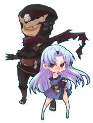1boy 1girl armor blue_hair chibi commentary_request full_body gekkou_(rance) japanese_clothes kimono long_hair lowres ninja rance_(series) red_eyes sasa_(sa2) sengoku_rance shinobu_(rance) short_kimono simple_background white_background yellow_eyes