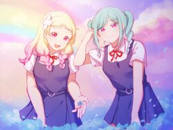 Rule 34 | 2girls, :d, blonde hair, blue flower, braid, closed mouth, cloud, collared shirt, commentary, cowboy shot, dress, dress shirt, english commentary, field, flower, flower field, gorilla-chan (axpdxsyc0222), gradient hair, grey dress, hair flower, hair ornament, highres, holding, holding flower, long hair, looking at viewer, love live!, love live! superstar!!, low twin braids, medium hair, multicolored hair, multiple girls, neck ribbon, onitsuka natsumi, onitsuka tomari, open mouth, parted bangs, pinafore dress, pink eyes, pink hair, purple sky, rainbow, red ribbon, ribbon, school uniform, shirt, short dress, short sleeves, siblings, sidelocks, sisters, sky, sleeveless, sleeveless dress, smile, split mouth, standing, summer uniform, twin braids, white flower, white shirt, yuigaoka school uniform