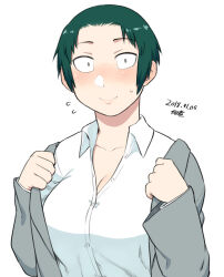 1girl black_eyes blush breasts cleavage collarbone collared_shirt dated forehead formal_clothes green_hair grey_suit jacket large_breasts light_smile long_sidelocks long_sleeves looking_at_viewer original putting_on_jacket shirt short_hair sidelocks signature simple_background smile solo straight-on suit suit_jacket tsukudani_(coke-buta) upper_body white_background white_shirt