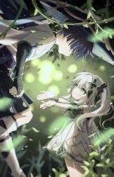 1boy 1girl armlet armor belt black_belt black_bridal_gauntlets black_hair black_leggings black_shorts blue_hat blue_sleeves blunt_ends blurry bracelet bridal_gauntlets bright_pupils closed_mouth cross-shaped_pupils depth_of_field detached_sleeves dress expressionless eyelashes falling_leaves furisode genshin_impact gold gold_ring gold_trim green_eyes green_hair green_sleeve_cuffs hair_ornament hakama hakama_shorts hat heart heart_hair_ornament height_difference highres japanese_armor japanese_clothes jewelry jingasa kimono kote kurokote layered_sleeves leaf leg_warmers leggings long_hair looking_at_another middle_ring multicolored_hair nahida_(genshin_impact) open_hands outstretched_arms plant pleated_shorts pointy_ears purple_rope purple_sash rope sash scaramouche_(genshin_impact) short_sleeves shorts side_ponytail sidelocks smile streaked_hair symbol-shaped_pupils tareme tnri_0404 vines wanderer_(genshin_impact) white_dress white_hair white_kimono white_leg_warmers white_pupils