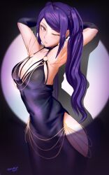 1girl absurdres alternate_costume armpits arms_behind_head arms_up artist_name bare_shoulders black_dress black_gloves breasts chain cleavage closed_mouth collarbone commentary covered_navel cowboy_shot dress elbow_gloves english_commentary evening_gown gloves gold_chain half-closed_eye halter_dress halterneck highres hip_vent jill_stingray kuri_(tastykuri) large_breasts light_blush long_hair looking_at_viewer meme meme_attire modakawa_dress o-ring one_eye_closed purple_eyes purple_hair seductive_gaze simple_background sleeveless sleeveless_dress solo spotlight standing tight_clothes tight_dress twintails va-11_hall-a