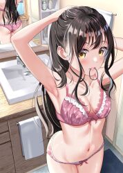 Rule 34 | 1girl, armpits, arms up, ass, bathroom, black hair, blush, bow, bow bra, bow panties, bra, breasts, collarbone, commentary request, faucet, from above, hair tie, hair tie in mouth, highres, hominotsu, lace, lace-trimmed bra, lace trim, linea alba, long hair, looking at viewer, looking up, medium breasts, mirror, mouth hold, navel, original, panties, parted lips, pink bra, pink panties, print bra, print panties, reflection, shiny skin, sink, solo, standing, stomach, towel, tying hair, underwear, underwear only, very long hair, wispy bangs, yellow eyes