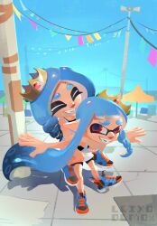2girls artist_name blue_hair blue_sky closed_eyes commentary english_commentary highres hug hug_from_behind inkling inkling_girl inkling_player_character leixo_demo long_hair looking_at_viewer multiple_girls nintendo octoling octoling_girl octoling_player_character outdoors outstretched_arms pointy_ears red_eyes shoes sky smile splatoon_(series) splatoon_3 streamers tentacle_hair thick_eyebrows twitter_username watermark