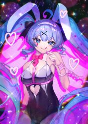 1girl ahoge animal_ears black_leotard blue_eyes blue_hair blurry bokeh clothing_cutout cuffs depth_of_field dot_nose eyelashes fake_tail handcuffs hatsune_miku heart heart-shaped_pupils heart_cutout highres kozou_kazaru leotard long_hair looking_at_viewer playboy_bunny rabbit_ears rabbit_hole_(vocaloid) solo sparkle symbol-shaped_pupils tail teardrop_facial_mark tongue twintails very_long_hair vocaloid