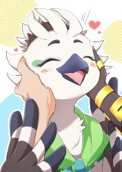 2boys ^_^ absurdres asymmetrical_arms bandana beak bird_boy black_fur blue_fur blush blush_stickers body_fur closed_eyes furry furry_male green_bandana hachidori_(hachidori_no_su) hands_on_another&#039;s_arms hands_on_another&#039;s_cheeks happy heart highres light_blush link male_focus multicolored_background multicolored_fur multiple_boys nintendo open_mouth outline rito short_hair smile solo_focus the_legend_of_zelda the_legend_of_zelda:_tears_of_the_kingdom tongue tulin_(zelda) upper_body white_fur white_hair white_outline winged_arms wings