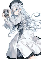 1girl black_hat black_neckerchief blue_eyes blush character_request check_character check_copyright closed_mouth copyright_request dress feet_out_of_frame flower grey_dress grey_hair hair_between_eyes hair_spread_out hat highres holding long_hair long_skirt long_sleeves looking_at_object migolu music_box neckerchief petticoat project_sekai sailor_collar simple_background skirt solo white_background yoisaki_kanade