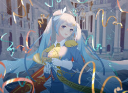 Rule 34 | 1girl, absurdly long hair, absurdres, ahoge, blazer, blue eyes, blue hair, blue jacket, blue pupils, blue skirt, blurry, blurry background, bright pupils, castle, collared shirt, commentary, cowboy shot, depth of field, epaulettes, eyelashes, flower, french horn, gloves, grey hat, hair flower, hair ornament, hairclip, happy, hat, hat feather, hatsune miku, highres, holding, holding instrument, indoors, instrument, jacket, kirina zero, light blush, light particles, long hair, long sleeves, loose hair strand, military uniform, mini hat, miniskirt, newsboy cap, night, open mouth, pillar, pinstripe pattern, pinstripe shirt, rose, shirt, skirt, skirt set, sleeve cuffs, smile, snowflake print, solo, stairs, standing, streamers, teeth, twintails, two-tone hat, upper teeth only, very long hair, vocaloid, watermark, watermark grid, white gloves, white hat, white sleeve cuffs, yellow flower, yellow rose, yellow shirt, yuki miku, yuki miku (2020)