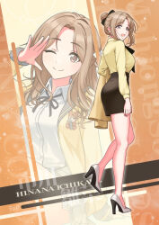 1girl ;) bare_legs black_ribbon black_skirt blush breasts brown_hair cardigan character_name commentary curtained_hair elbow_carry full_body girugiru_(tektonics6588) hair_bun high_heels ichikawa_hinana idolmaster idolmaster_shiny_colors jacket looking_at_viewer mahjong_soul medium_breasts miniskirt multiple_views neck_ribbon office_lady official_alternate_costume one_eye_closed pencil_skirt ribbon school_uniform shirt shirt_tucked_in shoes single_hair_bun skirt smile white_cardigan white_jacket white_shirt white_shoes