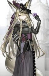 1girl absurdres alternate_costume ambience_synesthesia animal_ear_fluff animal_ears arknights black_dress black_gloves black_hat blonde_hair dress elbow_gloves facial_mark flower fox_ears fox_girl fox_tail gloves hair_over_one_eye hand_on_own_hip hat highres holding holding_flower long_hair looking_at_viewer orange_eyes purple_flower purple_gloves purple_sash sash shale sidelocks single_elbow_glove smile solo tail vulpisfoglia_(arknights)