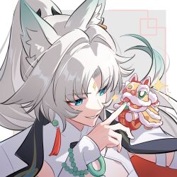Rule 34 | 1girl, animal ear fluff, animal ears, aqua eyes, border, chinese clothes, chinese commentary, commentary request, diting (honkai: star rail), feixiao (honkai: star rail), feixiao (kfc) (honkai: star rail), forehead jewel, fox ears, fox girl, fulong, grey hair, hair intakes, honkai: star rail, honkai (series), official alternate costume, outside border, portrait, smile, white border