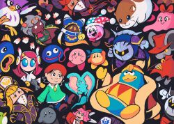 adeleine animal_ears armor bandana bandana_waddle_dee beinganegg black_background blonde_hair blue_bandana blush_stickers bow bowtie chuchu_(kirby) claws colored_skin coo_(kirby) dark_meta_knight daroach elfilin fish flamberge_(kirby) francisca_(kirby) gooey_(kirby) hamster hat highres jester_cap kine_(kirby) king_dedede kirby kirby_(series) magolor marx_(kirby) meta_knight mouse_ears nintendo notched_ear ocean_sunfish orange_skin own_hands_together pauldrons pink_hair pink_skin pom_pom_(clothes) rayman_limbs red_bow red_bowtie red_hair red_hat red_ribbon red_scarf ribbon ribbon_(kirby) rick_(kirby) scarf shadow_kirby shoulder_armor susie_(kirby) taranza tongue tongue_out yellow_eyes zan_partizanne