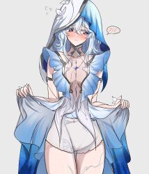 1girl absurdres armlet blush breasts bunchosan_dayo closed_mouth clothes_lift commentary_request cowboy_shot dress dress_lift highres jewelry long_hair looking_to_the_side medium_breasts panties shorekeeper_(wuthering_waves) simple_background sketch sleeveless sleeveless_dress solo underwear veil white_background wuthering_waves