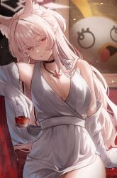 1girl absurdres akira_(blue_archive) alternate_costume animal_ear_fluff animal_ears black_choker blue_archive blush breasts cat_ears cat_girl choker cleavage closed_mouth cup dress hair_between_eyes highres holding holding_cup long_hair looking_at_viewer oiru_(613) ponytail shirt short_ponytail sidelocks smile solo white_dress white_shirt