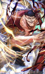 1boy bandana black_bandana coat collared_coat commentary_request edward_newgate electricity epaulettes facial_hair haki_(one_piece) highres holding holding_weapon looking_at_viewer male_focus mustache one_piece open_mouth pepasenpai_toto sash smile solo weapon white_coat